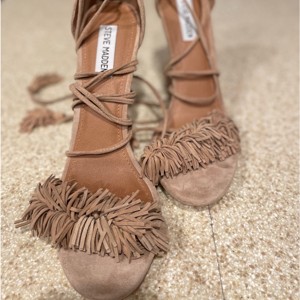 Steve Madden Taupe Suede Fringe Lace-Up Heels